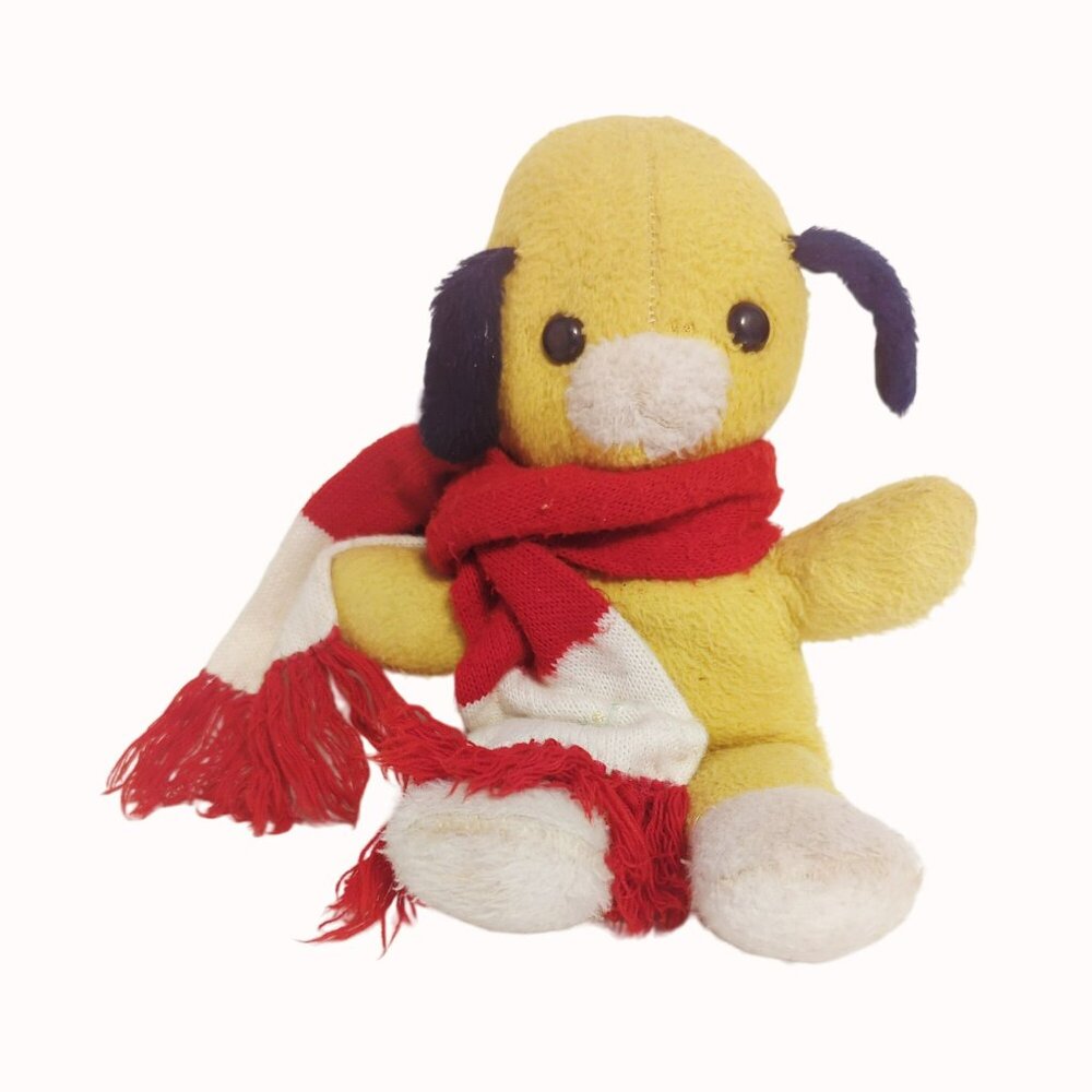 Vintage Yellow Plush Dog With Black Ears Eyes And Red White Scarf - Picture 1 of 7
